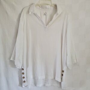 Sigrid Olsen Popover Top Linen 1X White Lagenlook Minimalist Beachy Coastal READ